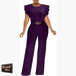 XXL Backless Jumpsuit with Ruffle Sleeves, Wide Leg Pants for Work or Party